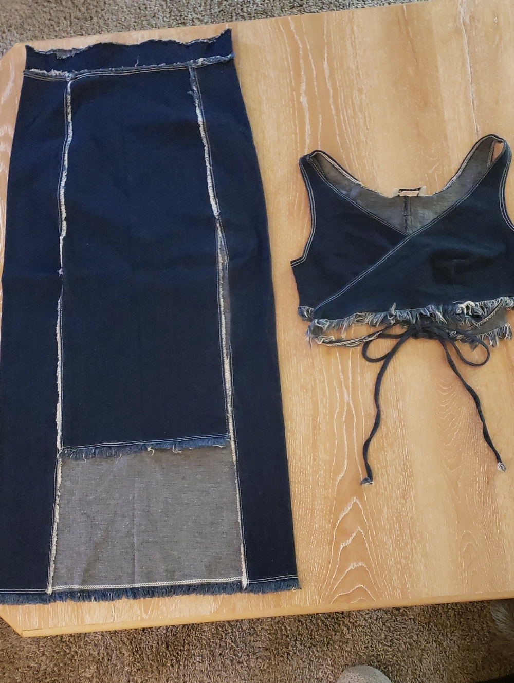 Denim Two-Piece Set — Dark Blue Frayed Skirt & Crop Top